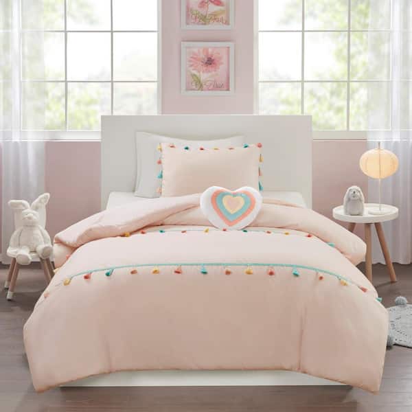 Tanya 4-Piece Blush Full/Queen Tassel Comforter Set with Heart Shaped Throw Pillow