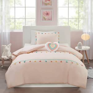 Tanya 3-Piece Blush Twin Tassel Comforter Set with Heart Shaped Throw Pillow