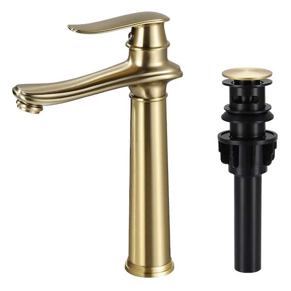 Single Handle Single Hole Bathroom Vessel Sink Faucet, Waterfall Bathroom Sink Faucet with Pop-Up Drain in Brushed Gold