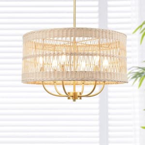 Arwen 20 in. 6-Light Bohemian Rattan Chandelier, Adjustable Brass Pendant for Coastal, Boho, Art Deco, Glam Interiors