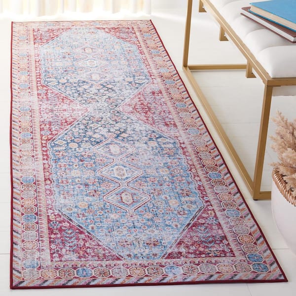 Tucson Blue/Red 3 ft. x 8 ft. Machine Washable Striped Distressed Border Runner Rug
