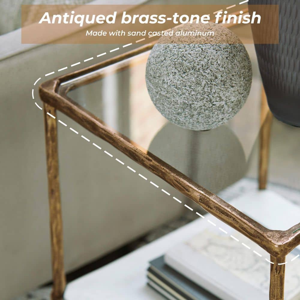 Ryandale 21" Square Antique Brass Accent Table with Glass Top