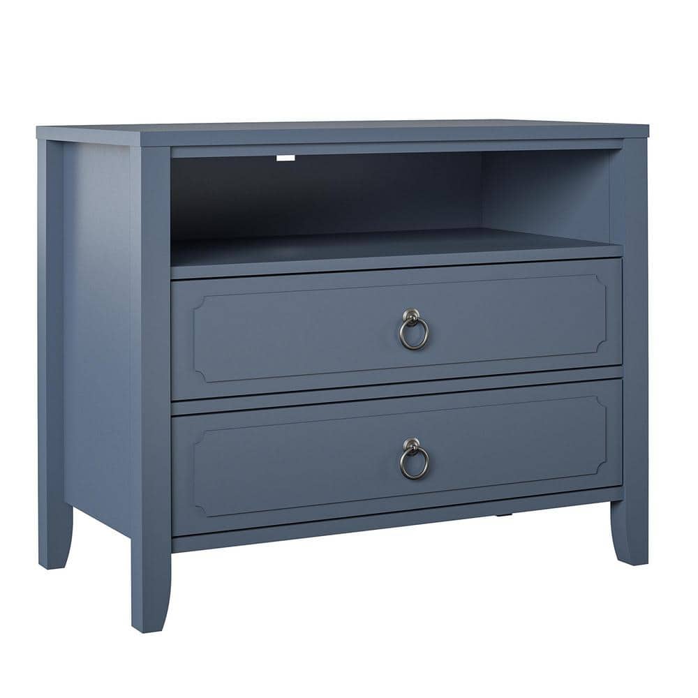 Blue 2-Drawer Nightstand with Open Cubby and Wood Legs