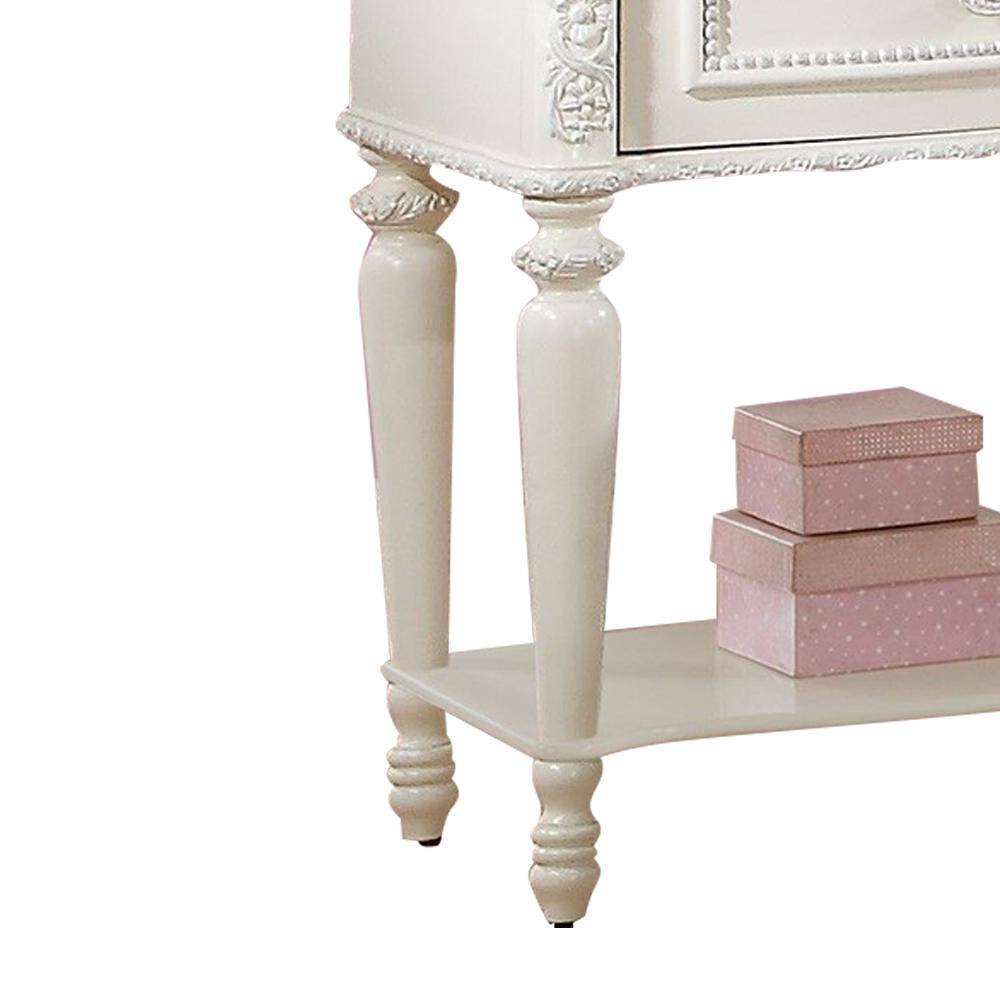 Ivory Floral Carved Wood 1-Drawer Nightstand