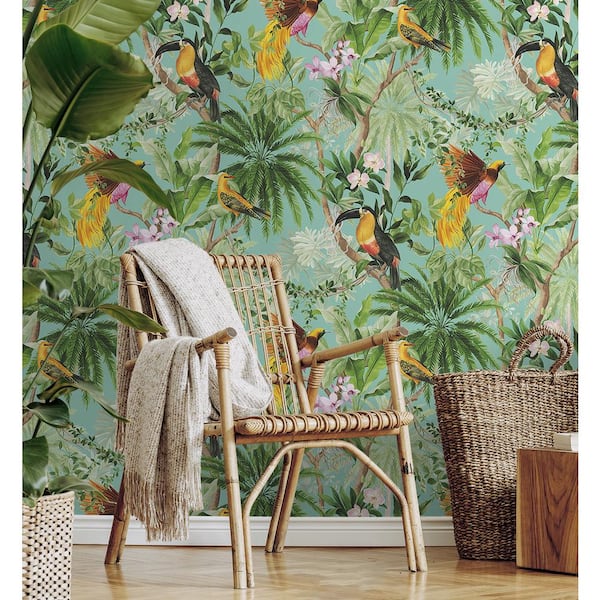 30.75 sq. ft. Aqua Tropical Bird Vinyl Peel and Stick Wallpaper Roll