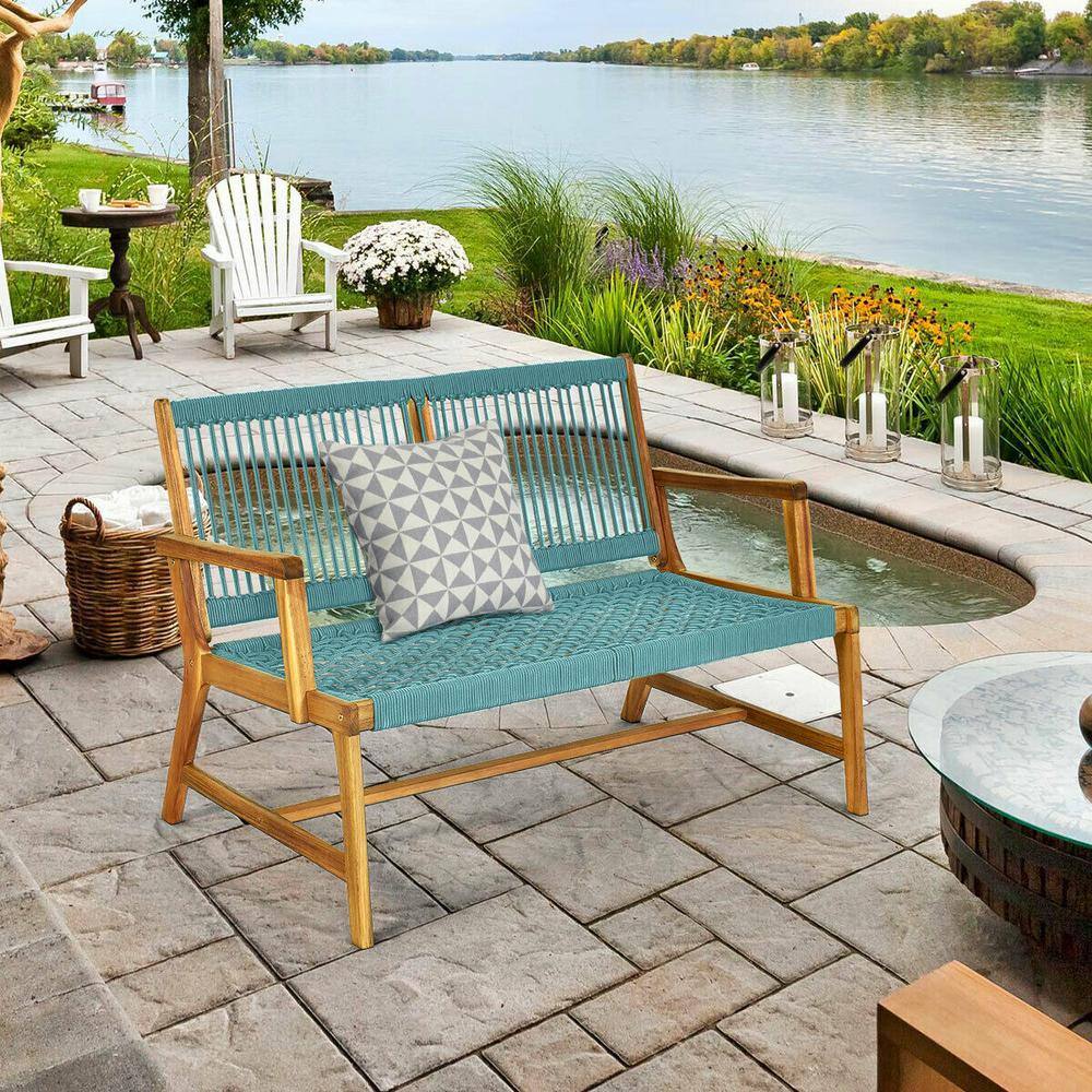 Turquoise Acacia Wood and Rope 2-Person Outdoor Bench