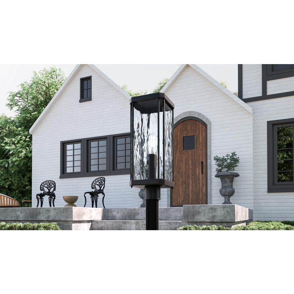 Matte Black Steel Outdoor Post Lantern with Clear Hammered Glass