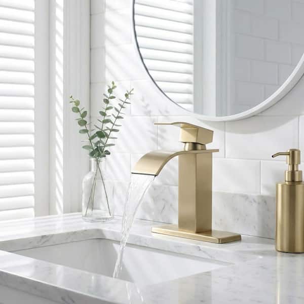 Modern Single-Handle Single-Hole Bathroom Faucet with Deck Plate and Pop-Up Drain in Brushed Gold