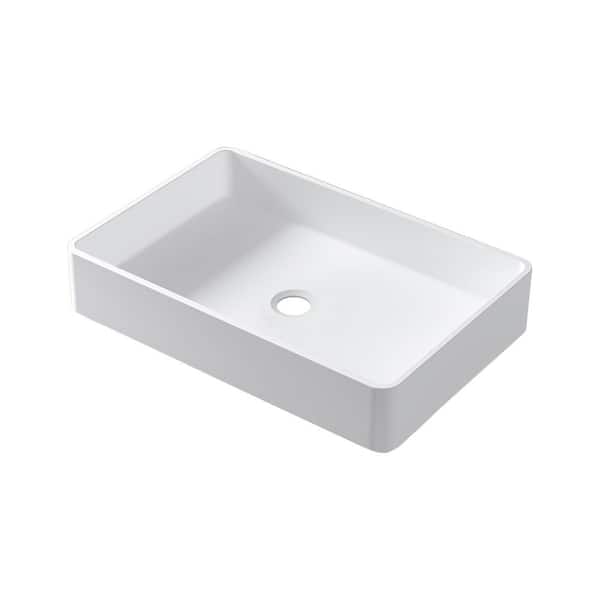 MEDUNJESS White Rectangular Stone Solid Surface Bathroom Vessel Sink with Drainer