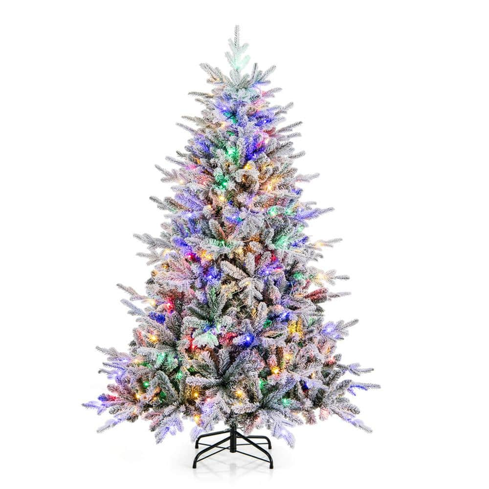 Costway 6 ft. Multi Prelit LED Flocked Full Clastic Artificial Christmas Tree with 260 Multi-Function Cool Multi-Color Lights