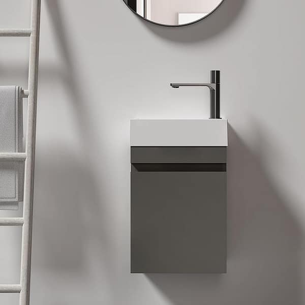 INSTER NOBLE 16 in. W x 8.6 in. D x 24.8 in. H Single Sink Narrow Floating Bath Vanity in Gray with White Solid Surface Top