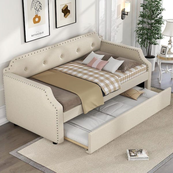 Beige Upholstered Twin Daybed with Trundle