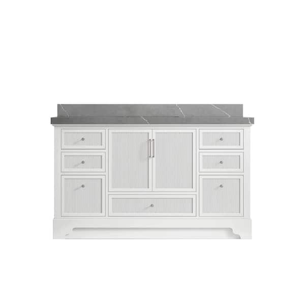 Alys 60 in. W x 22 in. D x 36 in. H Single Sink Bath Vanity in White with 2 in. Piatra Gray Qt. Top