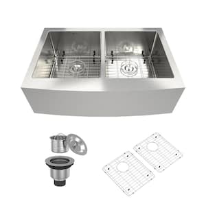 33 in. Farmhouse/Apron-Front Double Bowl 18 Gauge Stainless Steel Kitchen Sink with Bottom Grids and Strainer Basket
