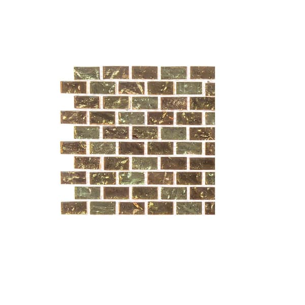 Take Home Tile Sample - Infusion Gold Metallic 4.5 in. x 4.5 in. Interlocking Brick Glass Mosaic
