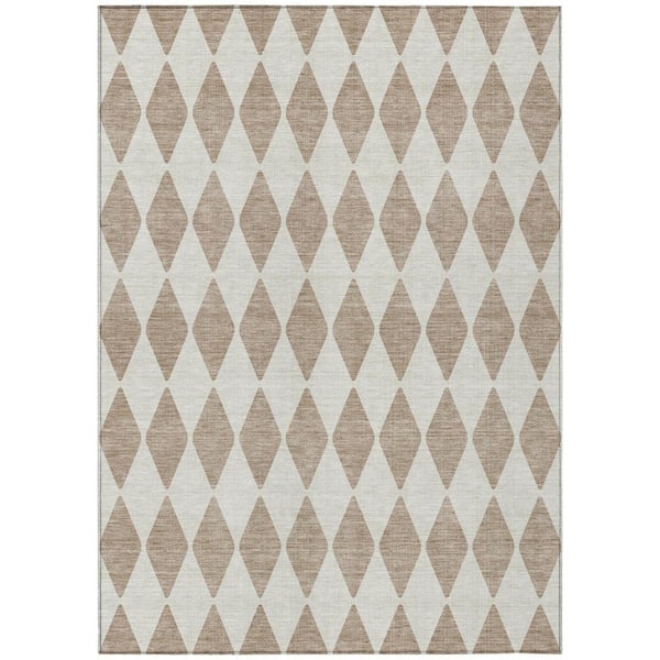Taupe, Ivory 10 ft. x 14 ft. Woven Geometric Polyester Rectangle Indoor / Outdoor Area Rug
