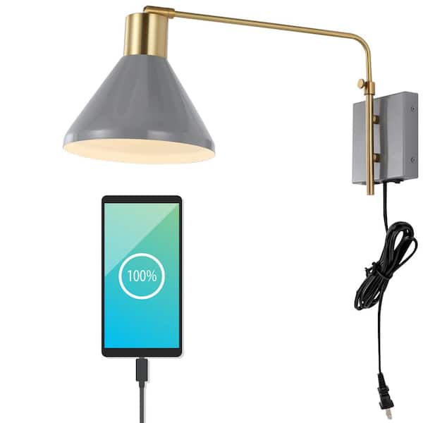 JONATHAN Y Max 20.5 in. Swing Arm 1-Light Grey/Brass Gold Modern Midcentury Iron USB Charging Port LED Wall Sconce