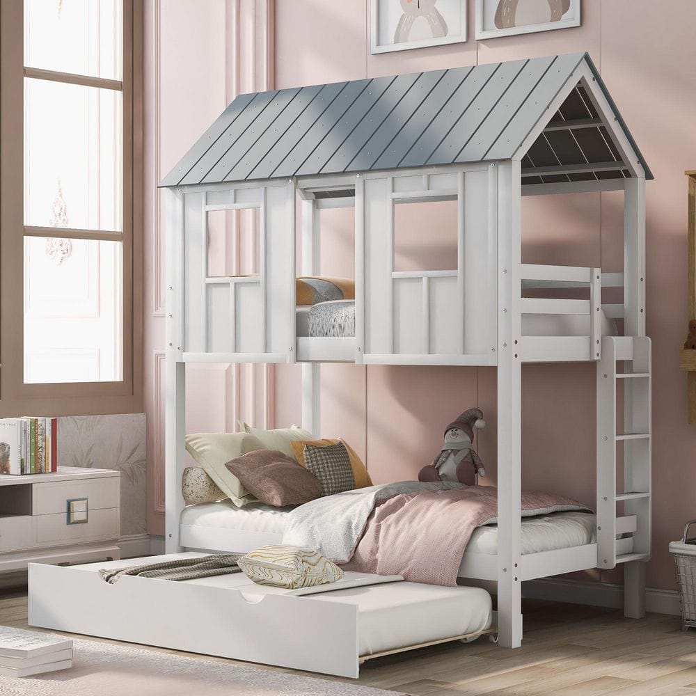 Robert White+Gray Wood Frame Twin Over Twin House Bunk Bed with Trundle, Ladder, Roof and Windows price history on PriceWatchPro
