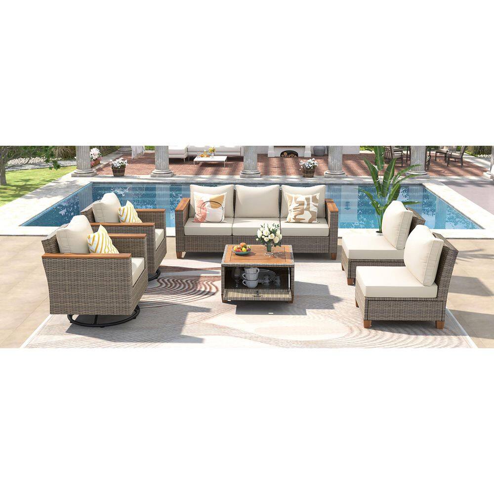 8 Pieces Wicker Outdoor Sectional Set with Acacia Storage Table and Beige C