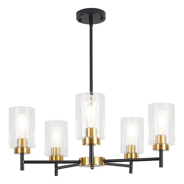 ADSENSTY 5-Light Black and Gold Contemporary Chandelier with Clear Glass