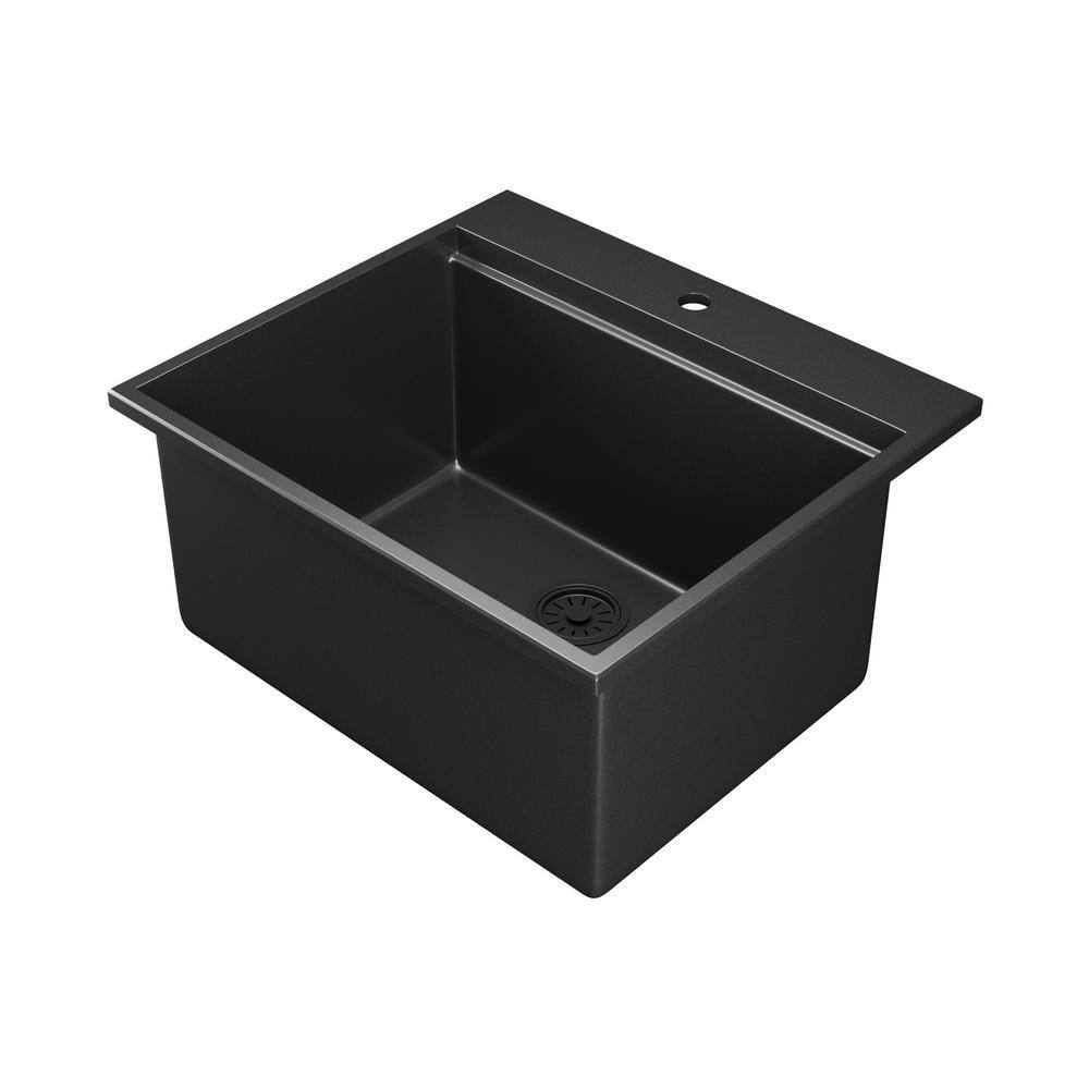 25" Black Quartz Composite Drop-In Single Bowl Kitchen Sink with Accessories