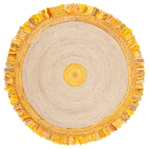 Cape Cod Gold/Natural 5 ft. x 5 ft. Braided Fringe Border Round Area Rug