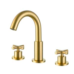 8 in. Widespread Double Handle Bathroom Faucet with Rotating Spout 3-Hole Brass Bathroom Sink Taps in Brushed Gold