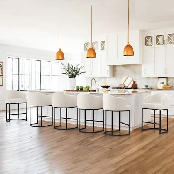 LUE BONA Crystal 26 in. Beige Linen Fabric Upholstered Counter Stool Kitchen Island Bar Stool with Metal Frame Set of 6