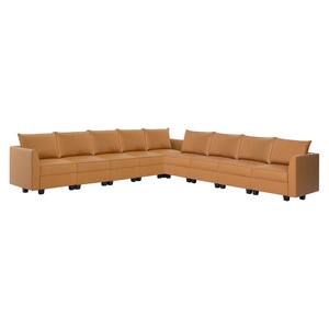 164.38 in. Modern 9 Seater Upholstered Sectional Sofa with Double Ottoman - Caramel Faux Leather