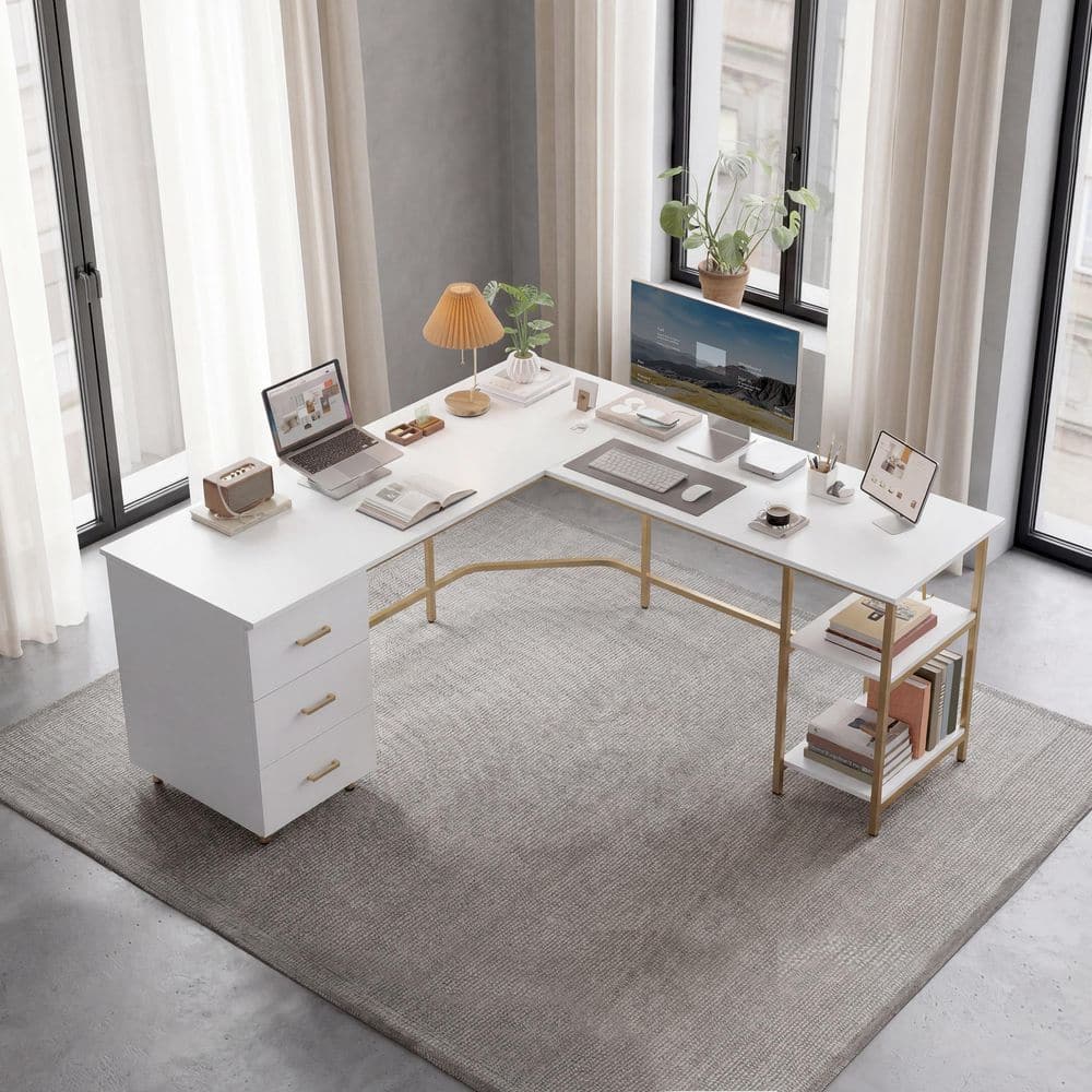 TECHNI MOBILI 59 in. W L-Shape Gold Home Office Two-Tone Desk with