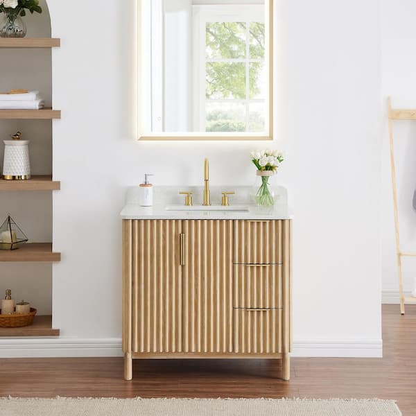 Altair Sierra 36 in. Single Sink Freestanding Washing Light Brown Bath Vanity with Grain White Engineered Stone Top Assembled
