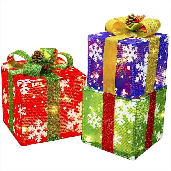 Set of 3 Lighted Gift Boxes Christmas Decorations, Snowflake Present Boxes, Christmas Home Gift Box Decorations