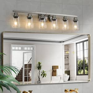 37 in. 6-Light Brushed Nickel Vanity Lights Fixture with Clear Glass Shades and No Bulbs Included