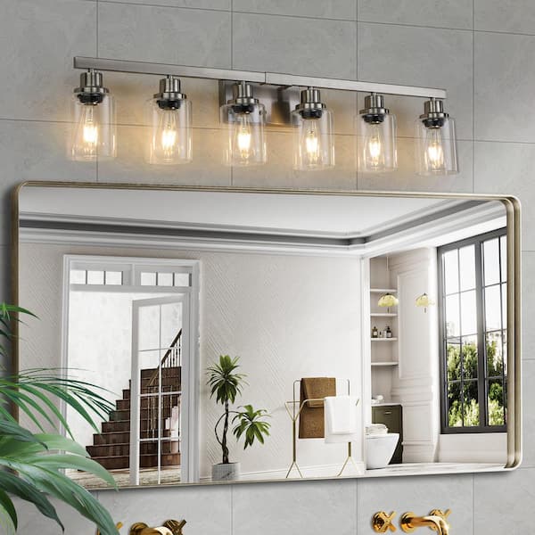 37 in. 6-Light Brushed Nickel Vanity Lights Fixture with Clear Glass Shades and No Bulbs Included