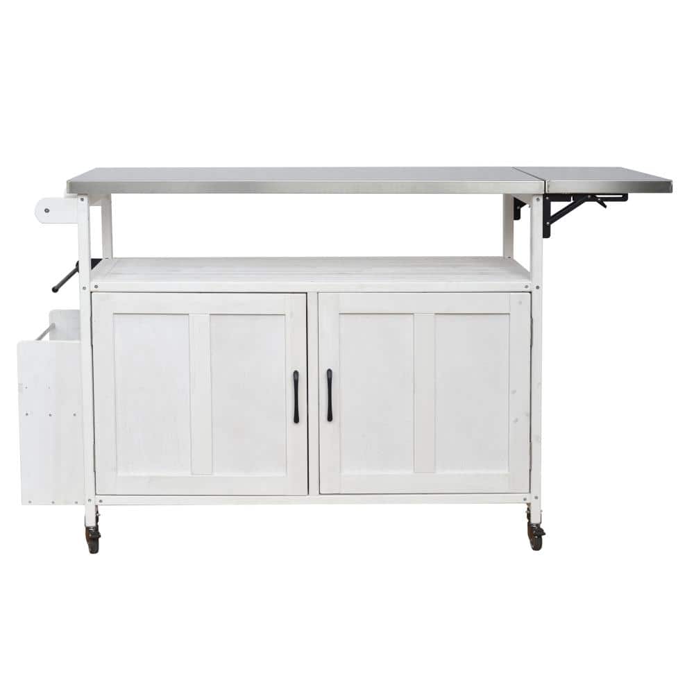 Foldable Outdoor White Wood Kitchen Island Prep Station with Lockable Wheels, Storage Cabinet