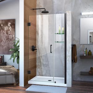 Unidoor 35 to 36 in. x 72 in. Frameless Hinged Shower Door in Matte Black