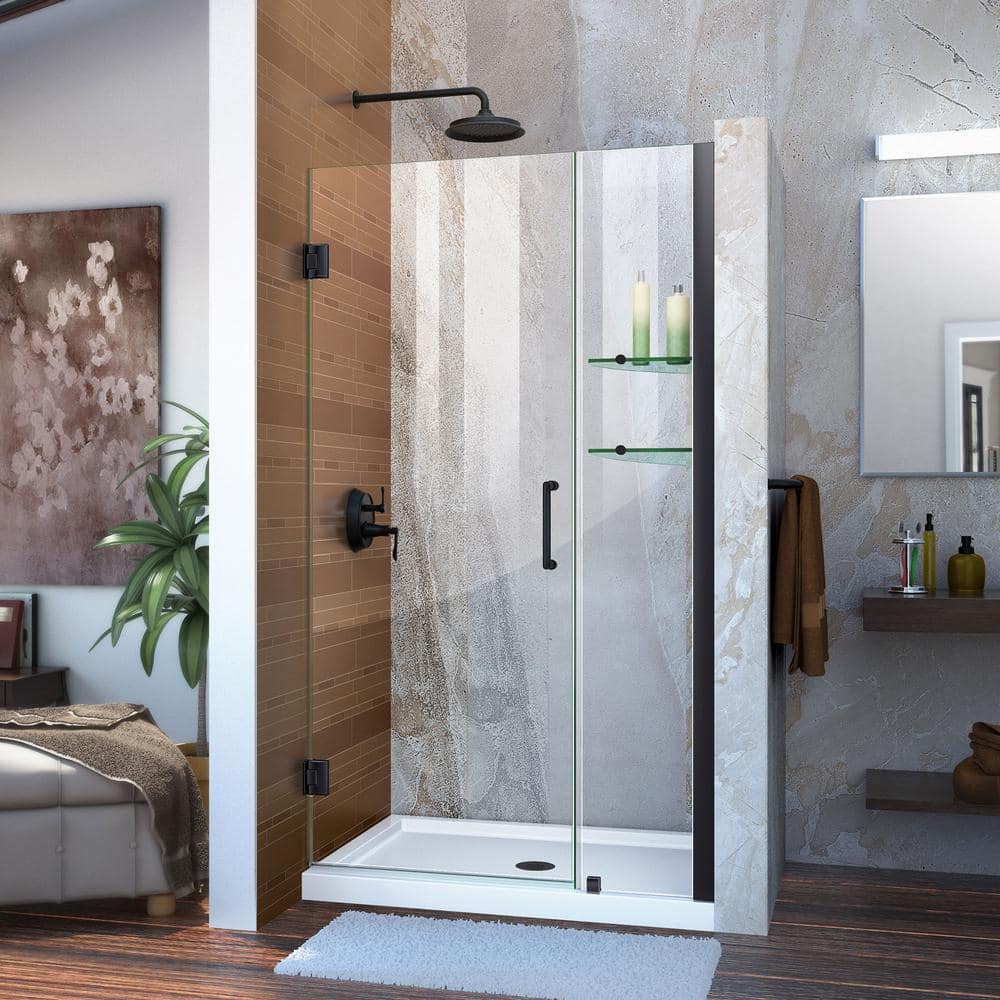Matte Black Frameless Hinged Shower Door with Clear Glass