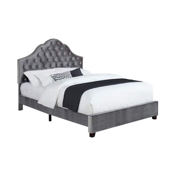 Benjara Keli Gray Classic Upholstered Queen Scalloped Button Tufted Bed