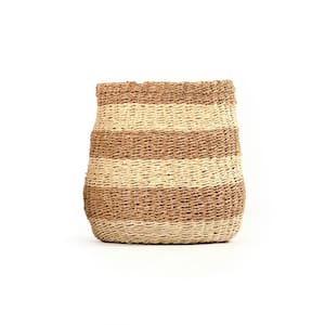 Concave Hand Woven Wicker Seagrass and Palm Leaf with Light and Dark Stripes Medium Basket