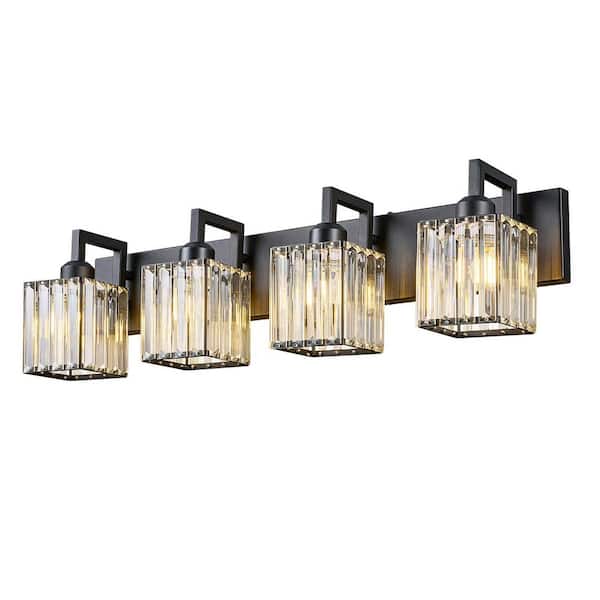 Home Lighting Fixture Width 28.34" In. " 4-Light Black Modern Crystal Vanity Lights Wall Sconces for Bathroom
