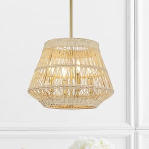 Selene 14 in. 4-Light Bohemian Geometric Rattan Chandelier Pendant Light with Gold Finish and Convertible Design