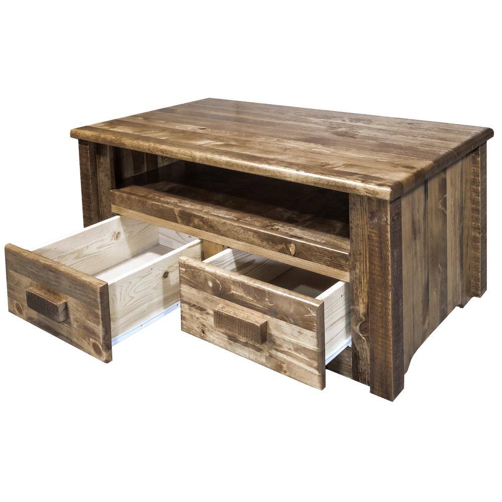 Rustic Pine Wood Coffee Table with Drawers