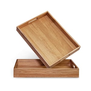 17.5 in. Rectangular Acacia Wood Serving Tray with Handles for Ottoman, Coffee Table, BBQ and Party (2-Pack)