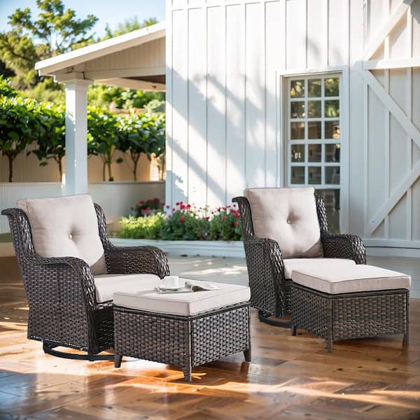 Gymojoy Carolina Brown Rocking Swivel Wicker Outdoor Lounge Chair with Beige Cushions with ottomans