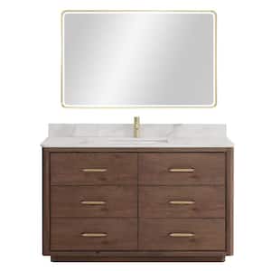 Porto 55 in. W x 22 in. D x 33.8 in. H Single Sink Bath Vanity in Dark Brown with White Quartz St1 Top and Mirror