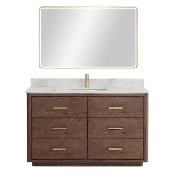ROSWELL Porto 55 in. W x 22 in. D x 33.8 in. H Single Sink Bath Vanity in Dark Brown with White Quartz St1 Top and Mirror