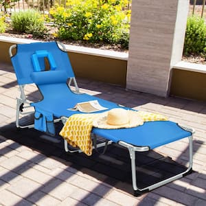 Gray Beach Reclining Metal Outdoor Lounge Chair with 5 Adjustable Positions Detachable Pillow and Hand Ropes in Blue
