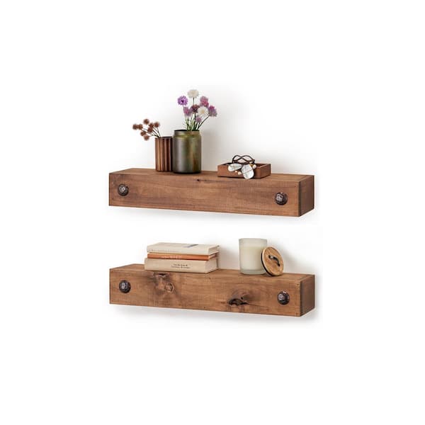 Unbranded 6.25 in. x 24 in. x 4 in. Walnut Solid Wood Decorative Nail Floating Decorative Wall-Shelf with Brackets (Set of 2)