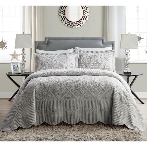 Westland Plush Diamond Pattern 3-Piece Grey Polyester Full Bedspread Set