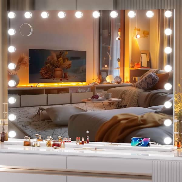 Hasipu White 35 in. W x 47 in. H Rectangle Framed Vanity Mirror with Lights, LED Makeup Mirror with 24-Dimmable Bulbs
